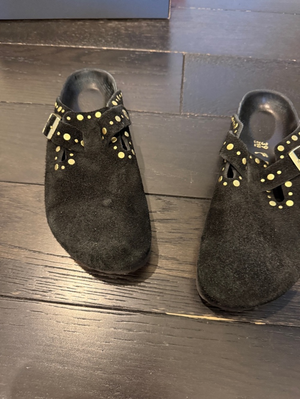 Birkenstock Black Suede Studded Boston Clogs with Yellow Accents